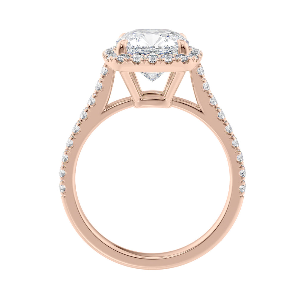 Cushion cut natural diamond halo style engagement ring rose gold side view.