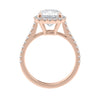 Cushion cut natural diamond halo style engagement ring rose gold side view.