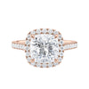 Cushion cut natural diamond halo style engagement ring rose gold front view.