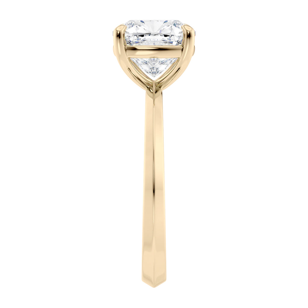 Cushion cut laboratory grown diamond engagement ring gold end view.