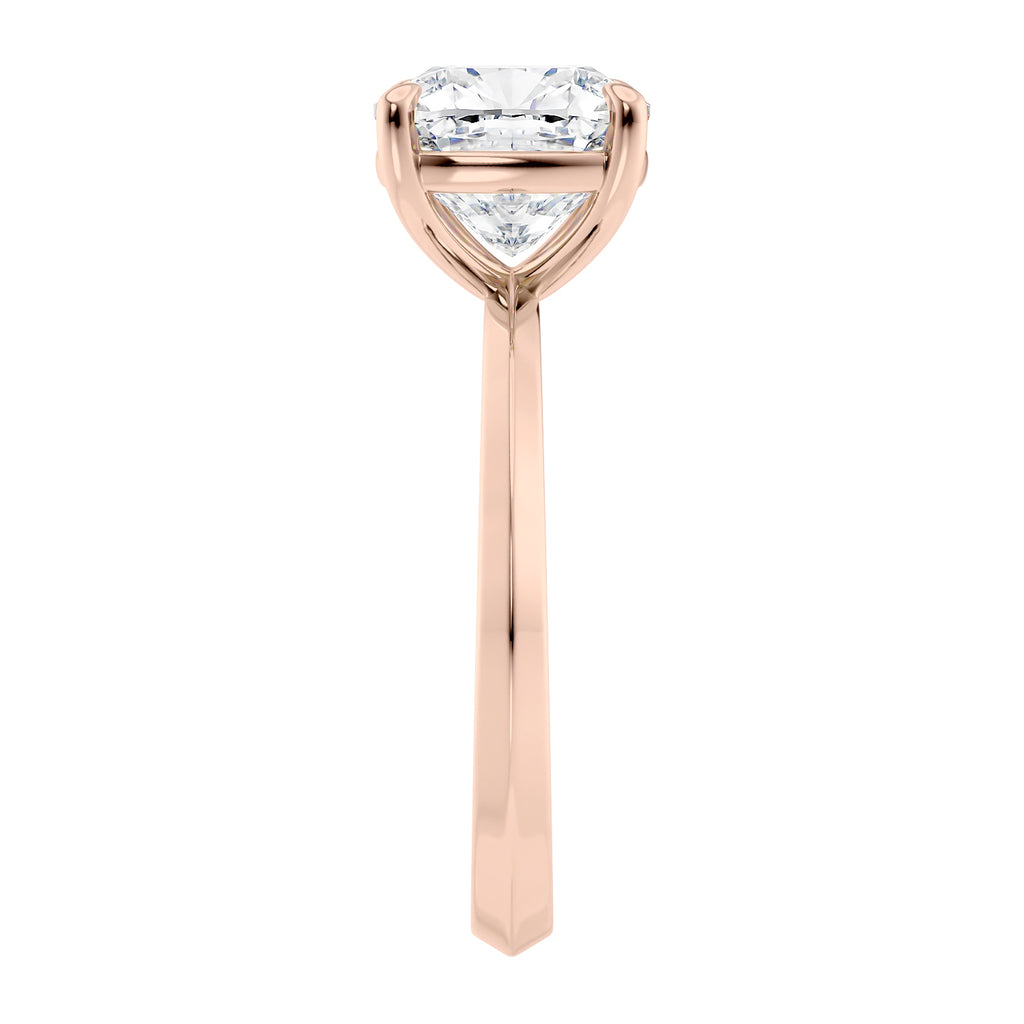 Cushion cut laboratory grown diamond engagement ring rose gold end view.