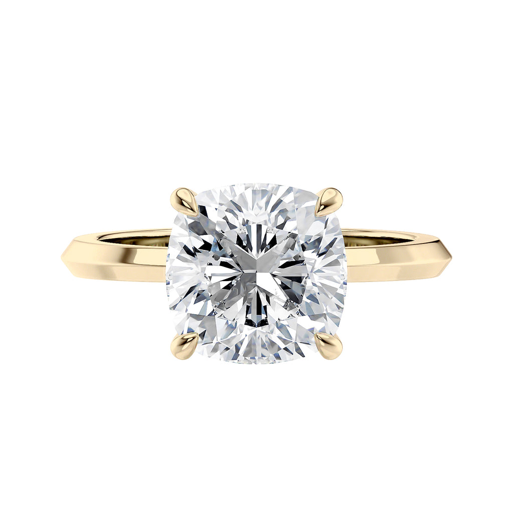 Cushion cut laboratory grown diamond engagement ring gold front view.