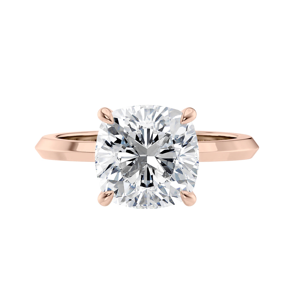Cushion cut laboratory grown diamond engagement ring rose gold front view.