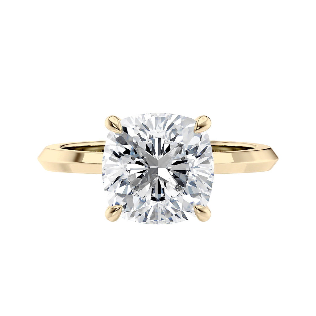 Natural cushion cut diamond solitaire engagement ring gold front view.