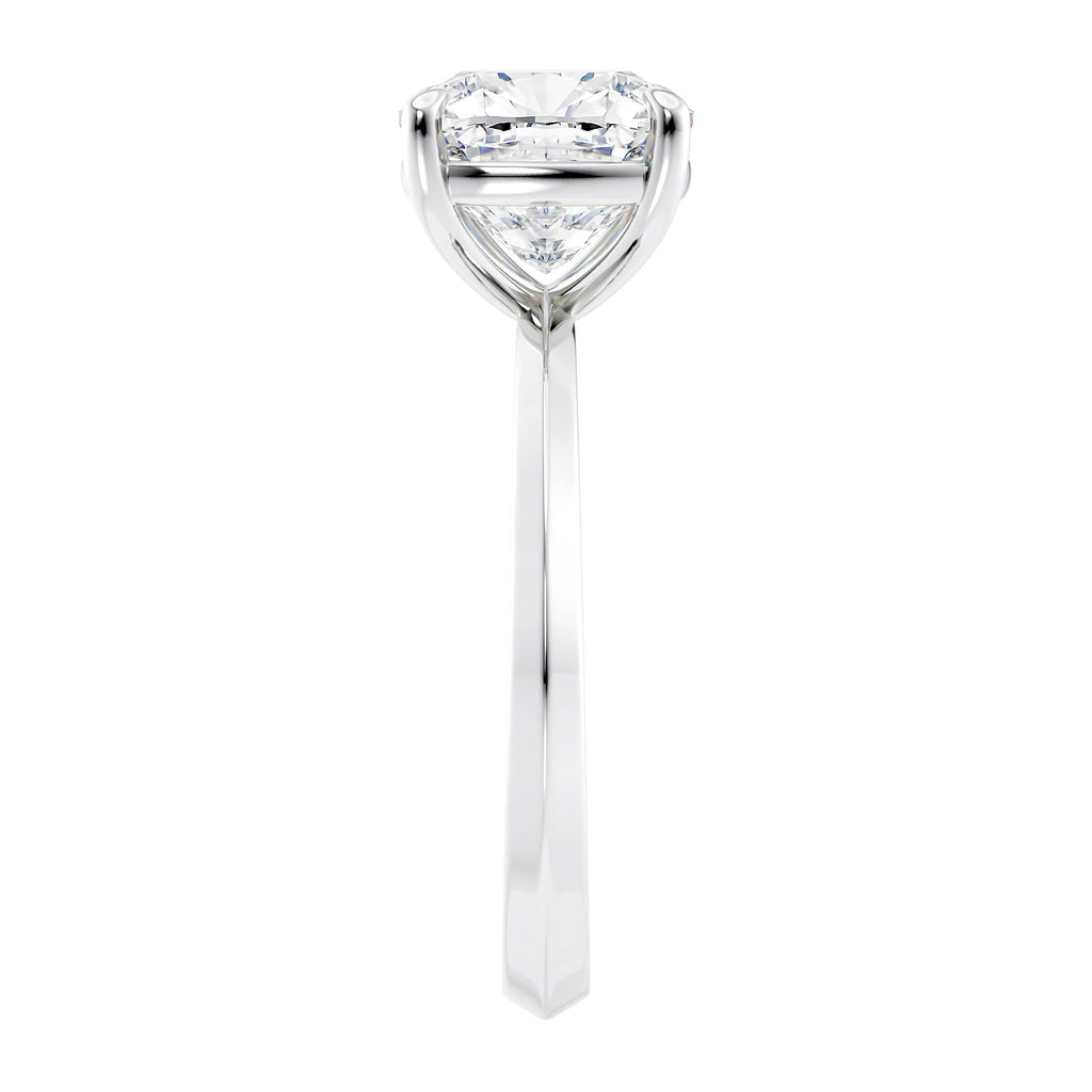 Natural cushion cut diamond solitaire engagement ring white gold end view.