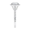 Cushion cut natural diamond halo style engagement ring white gold end view.