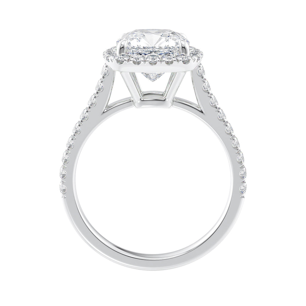 Cushion cut natural diamond halo style engagement ring white gold side view.