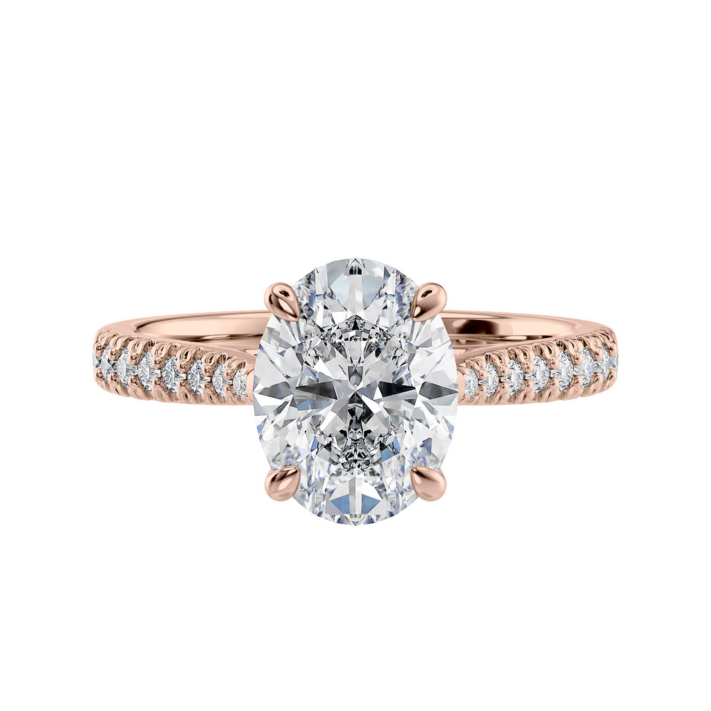 Natural oval cut engagement ring with tapered diamond rose gold band front view.