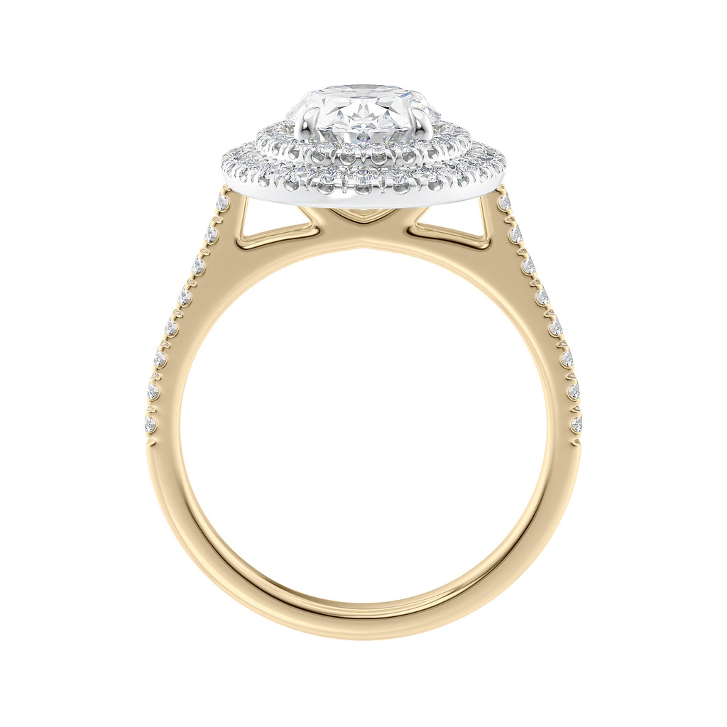 Laboratory grown diamond oval double halo engagement ring with diamond set band 18ct gold side view.