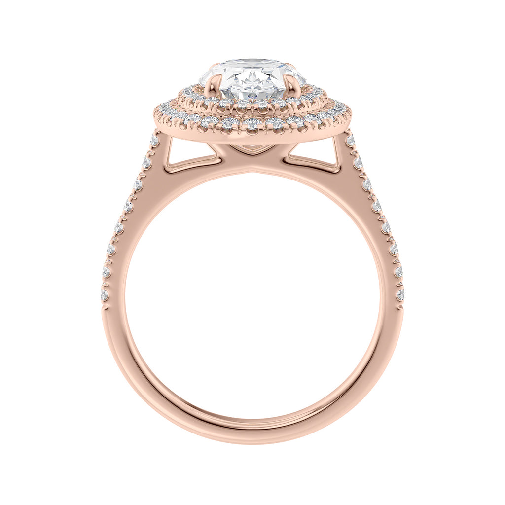 Laboratory grown diamond oval double halo engagement ring with diamond set band 18ct rose gold side view.