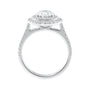 Laboratory grown diamond oval double halo engagement ring with diamond set band white gold side view.