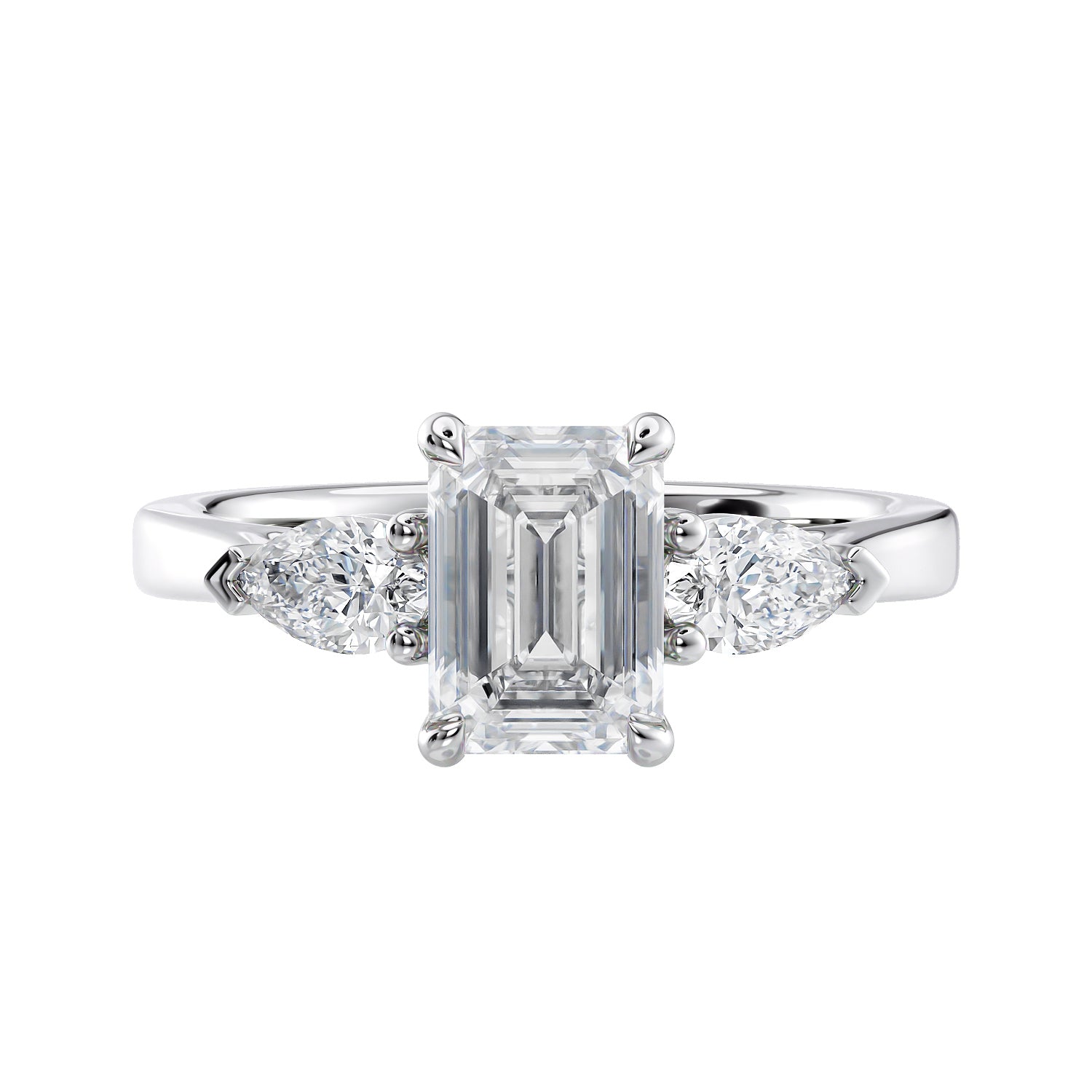 Emerald and pear cut natural diamond trilogy engagement ring white gold front view.