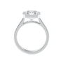 Solitaire emerald cut bezel set lab grown diamond engagement ring in white gold side view.