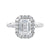 Emerald cut halo lab grown diamond engagement ring with castle set diamond set band white gold front view.