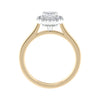 Emerald cut halo lab grown diamond engagement ring plain band 18ct gold side view.