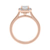 Emerald cut halo lab grown diamond engagement ring plain band 18ct rose gold side view.