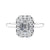 Emerald cut halo lab grown diamond engagement ring plain band white gold front view.