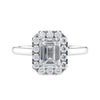 Emerald cut halo lab grown diamond engagement ring plain band white gold front view.
