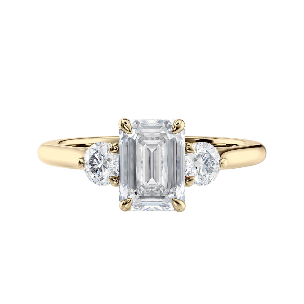 Emerald cut natural diamond 3 stone engagement ring 18ct gold front view.