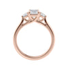 Emerald cut natural diamond 3 stone engagement ring 18ct rose gold side view.