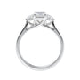 Emerald cut natural diamond 3 stone engagement ring white gold side view.