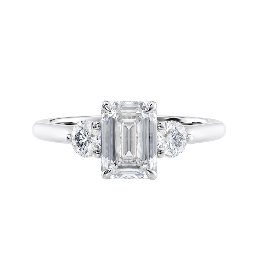 Emerald cut natural diamond 3 stone engagement ring white gold front view.