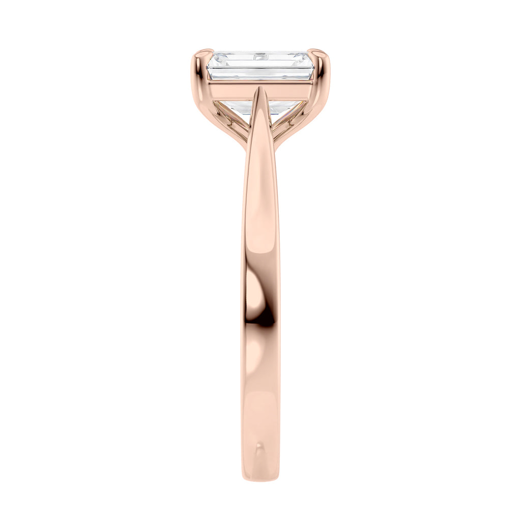 Lab grown emerald cut diamond solitaire engagement ring 18ct rose gold end view.