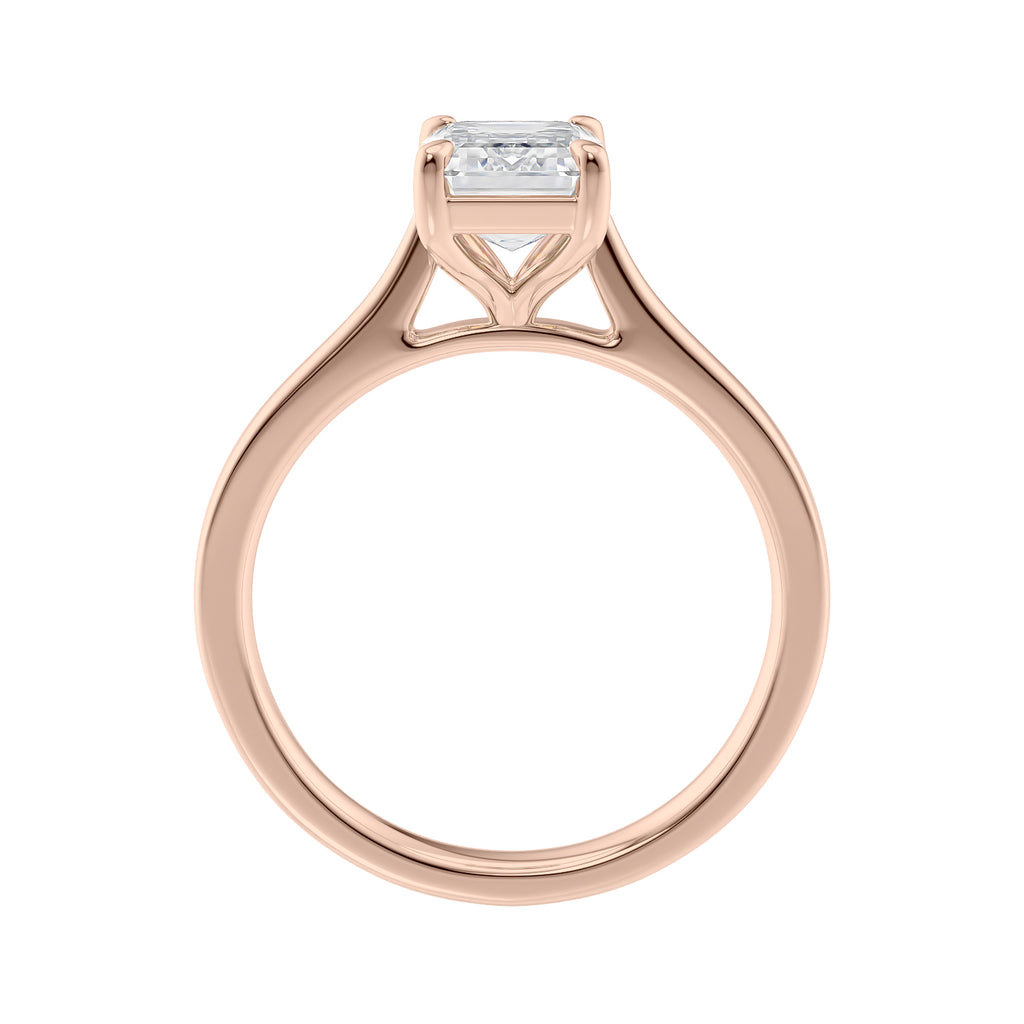 Lab grown emerald cut diamond solitaire engagement ring 18ct rose gold side view.
