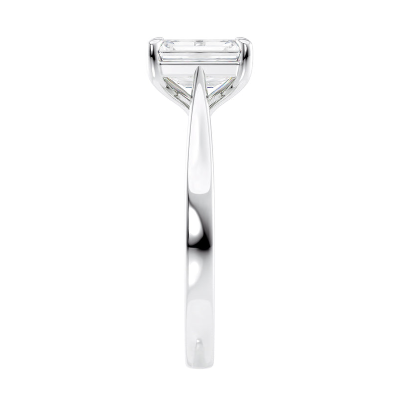 Lab grown emerald cut diamond solitaire engagement ring white gold end view.