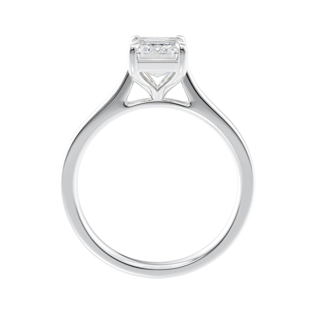 Lab grown emerald cut diamond solitaire engagement ring white gold side view.