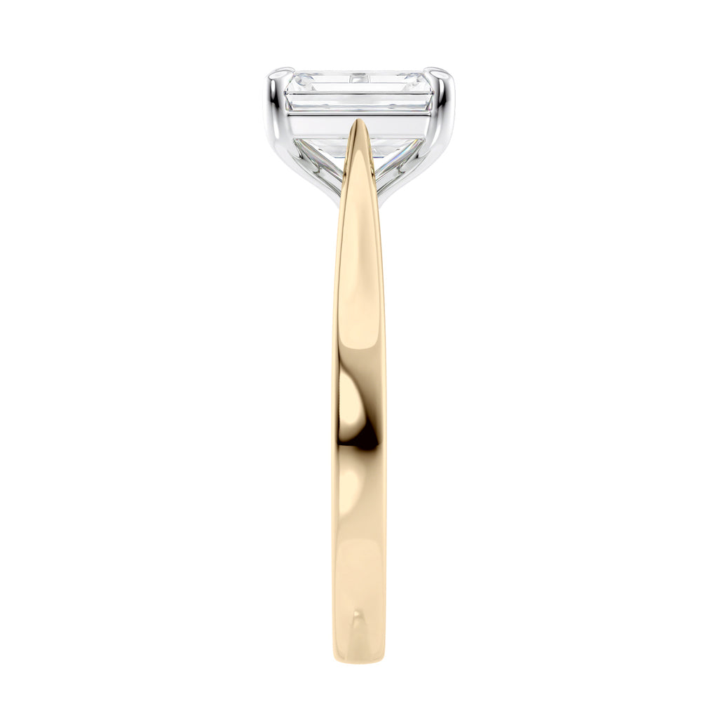 Lab grown emerald cut diamond solitaire engagement ring 18ct gold end view.