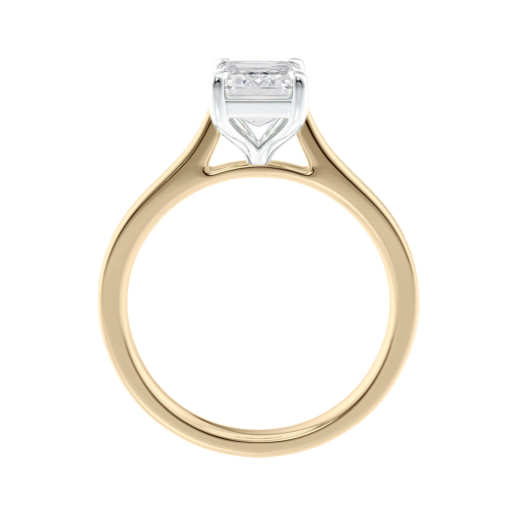 Lab grown emerald cut diamond solitaire engagement ring 18ct gold side view.