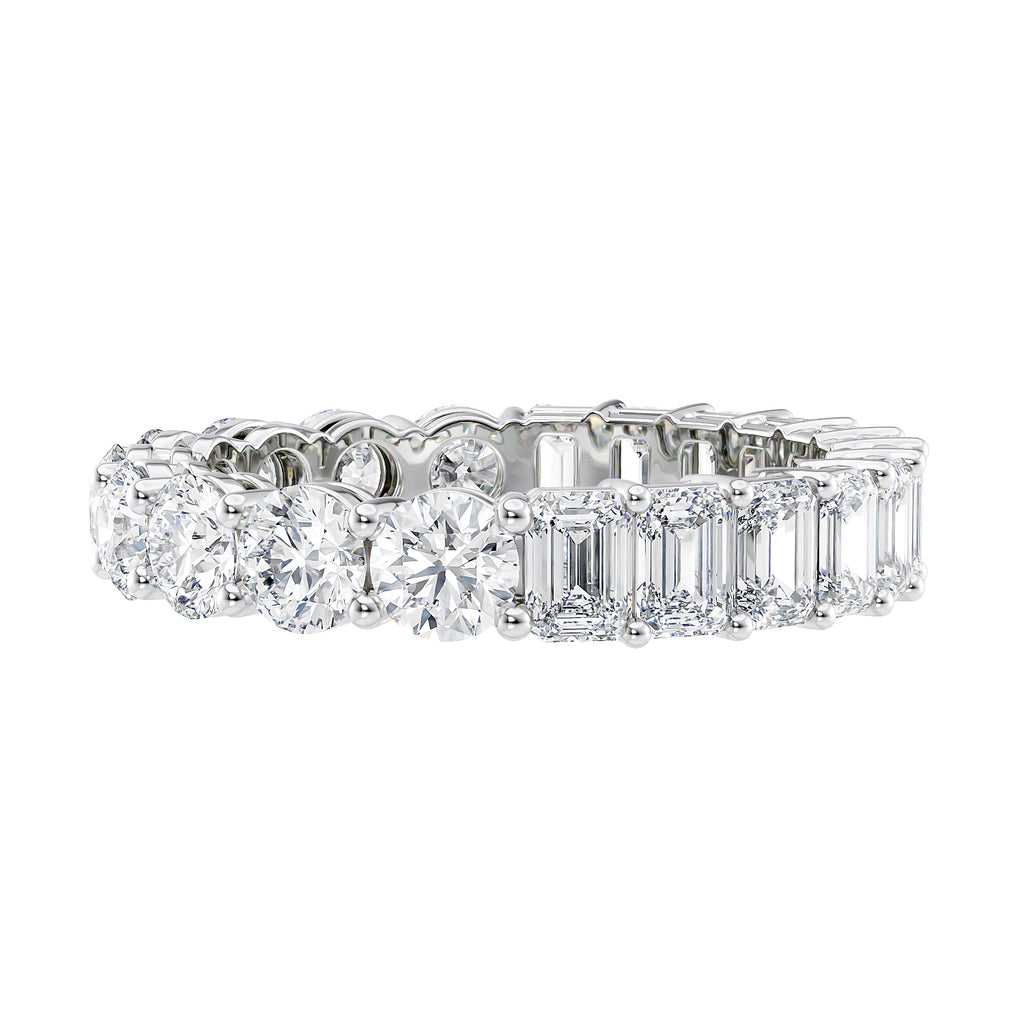 Platinum fusion round and emerald cut diamond eternity ring front view.