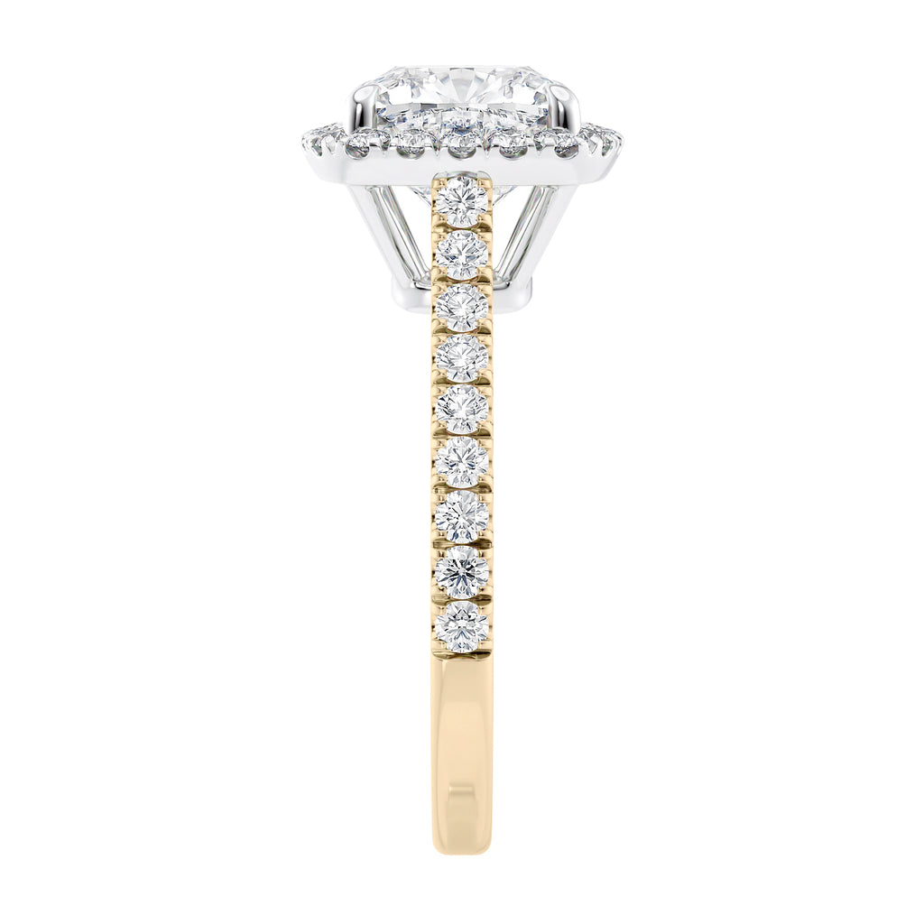 Cushion cut natural diamond halo style engagement ring 18ct gold end view.