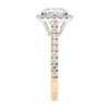 Cushion cut natural diamond halo style engagement ring 18ct gold end view.