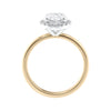 Oval halo diamond engagement ring in gold side view.