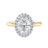 Oval halo diamond engagement ring in gold front view.