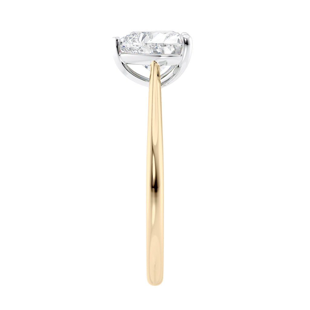Laboratory grown heart cut diamond solitaire engagement ring with diamond set bridge 18ct gold end view.