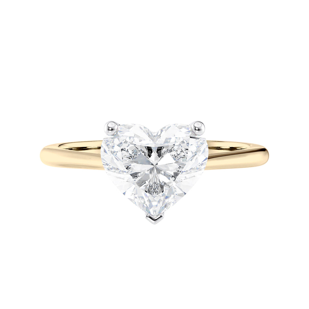 Laboratory grown heart cut diamond solitaire engagement ring with diamond set bridge 18ct gold front view.