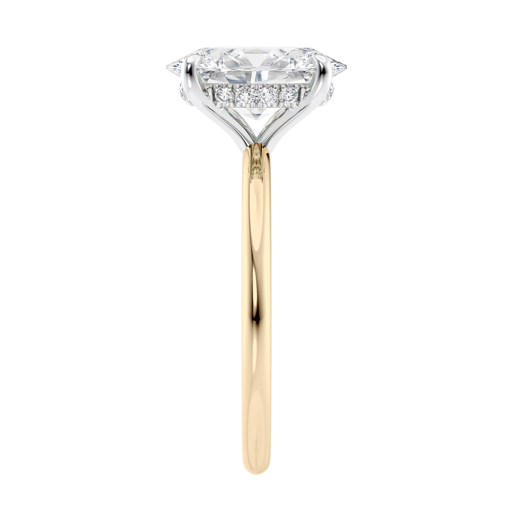 Hidden halo oval lab grown diamond engagement ring slim band gold end view.