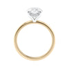 Hidden halo oval lab grown diamond engagement ring slim band gold side view.