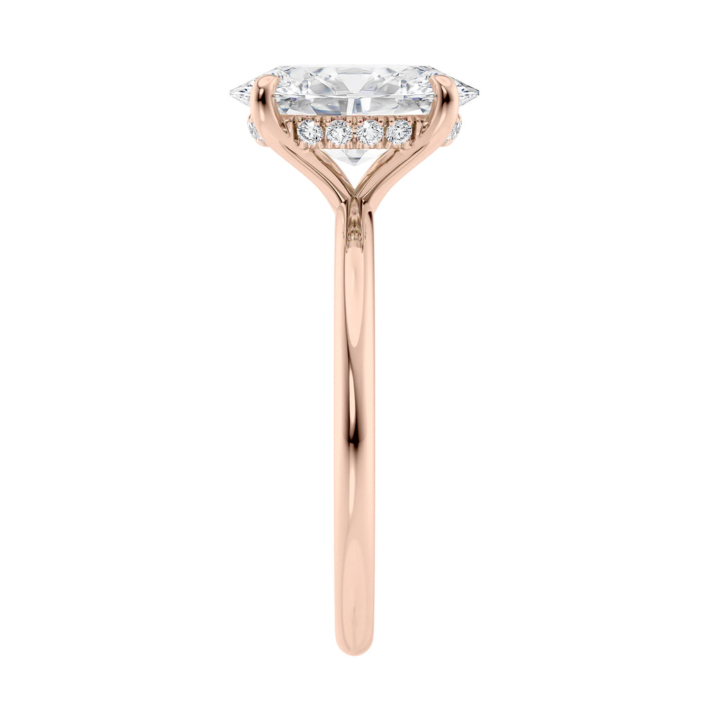 Hidden halo oval lab grown diamond engagement ring slim band rose gold end view.