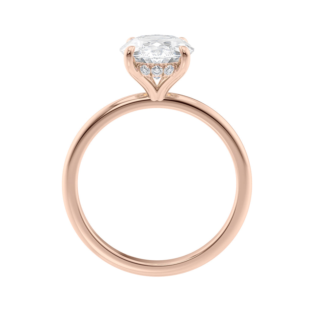 Hidden halo oval lab grown diamond engagement ring slim band rose gold side view.