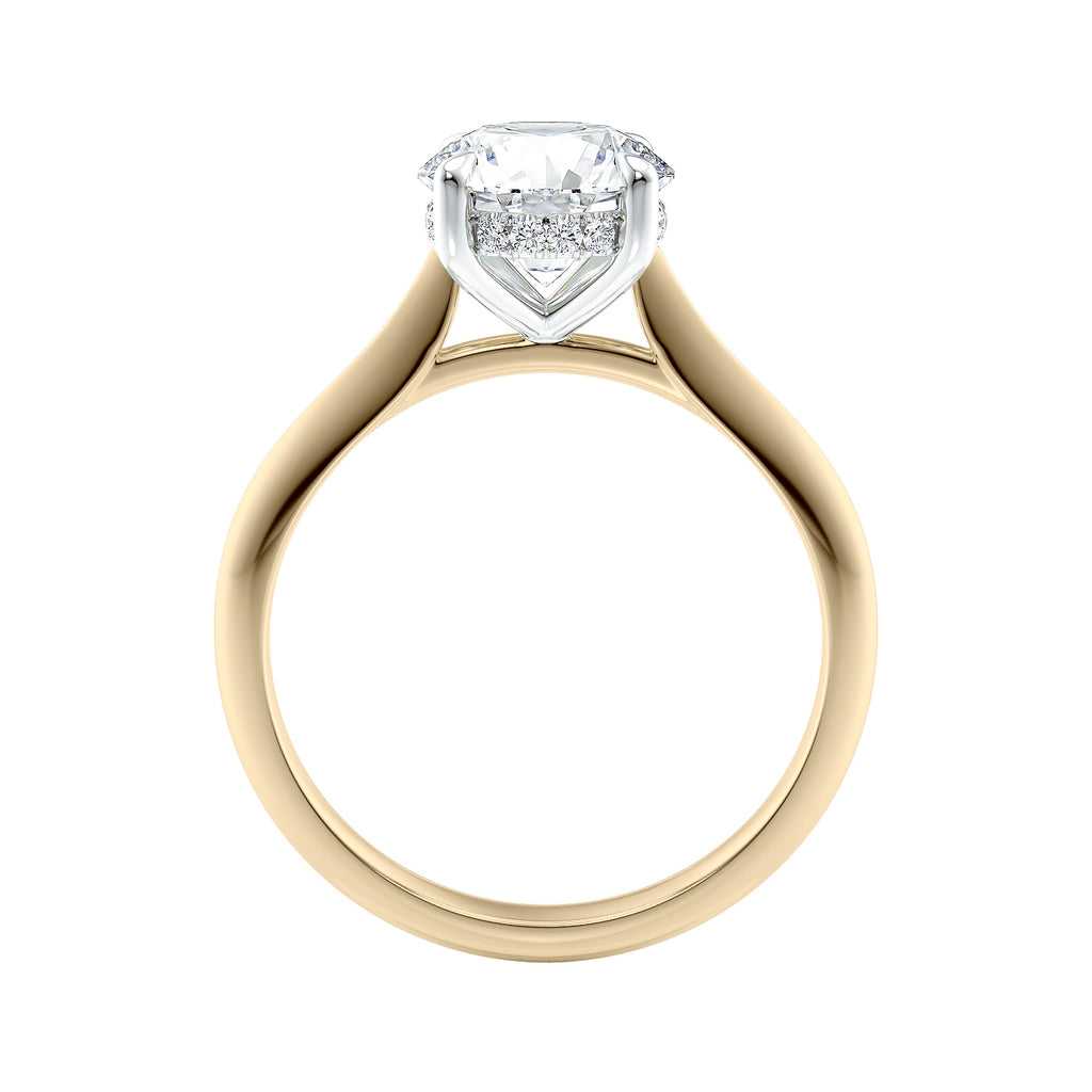 Natural diamond solitaire with a hidden halo gold side view.