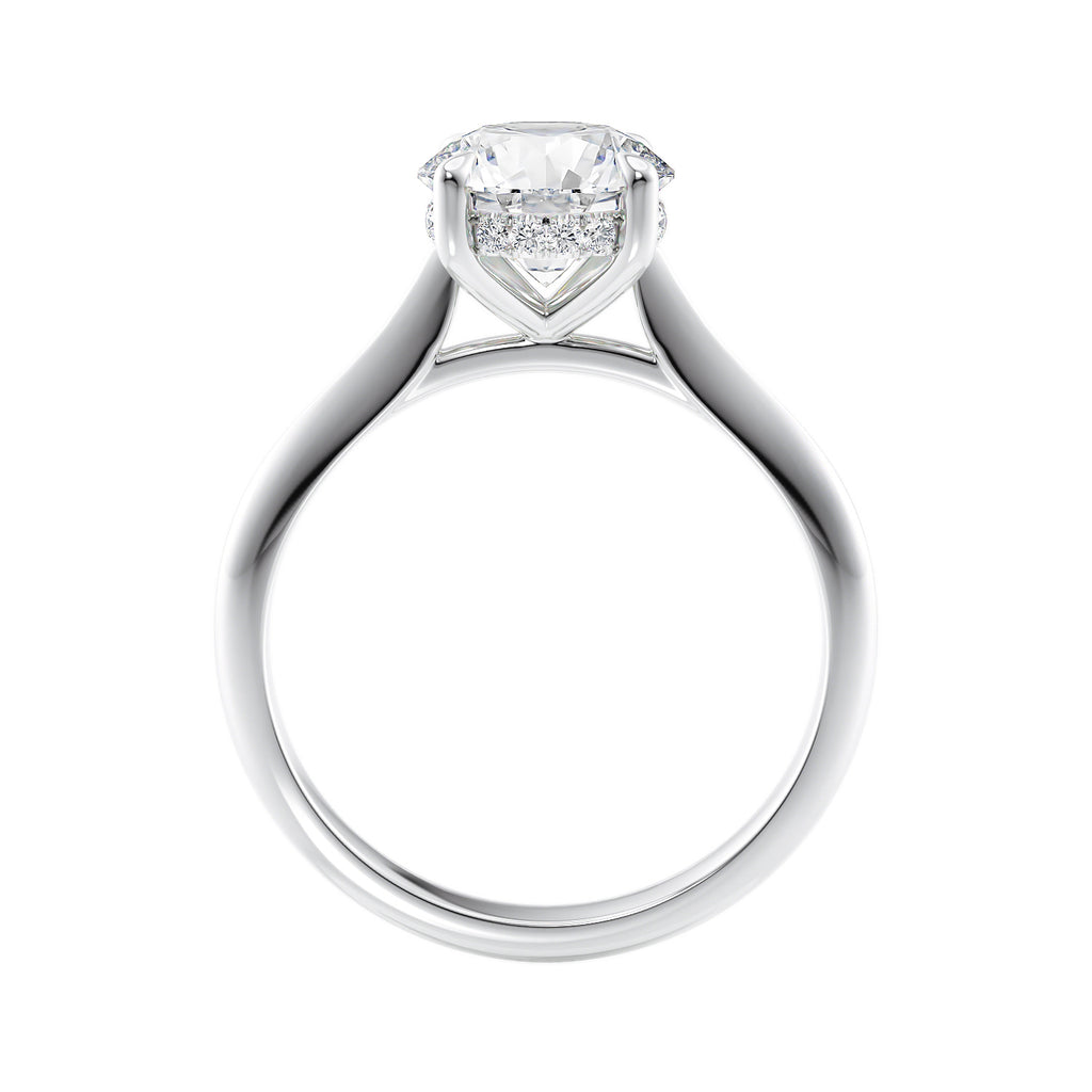 Natural diamond solitaire with a hidden halo white gold side view.