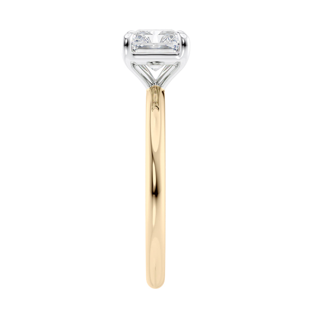 Radiant cut lab grown diamond east-west set on thin band gold end view.