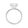 Radiant cut lab grown diamond east-west set on thin band white gold side view.