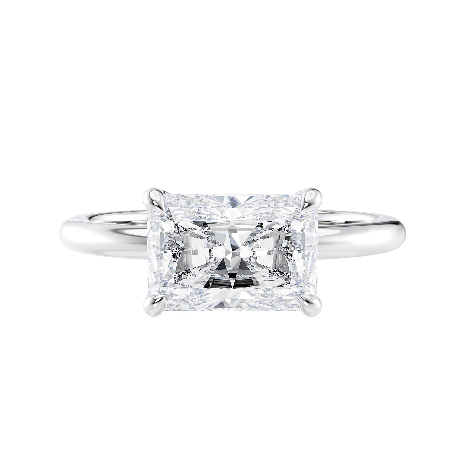 Radiant cut lab grown diamond east-west set on thin band white gold front view.