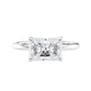 Radiant cut lab grown diamond east-west set on thin band white gold front view.