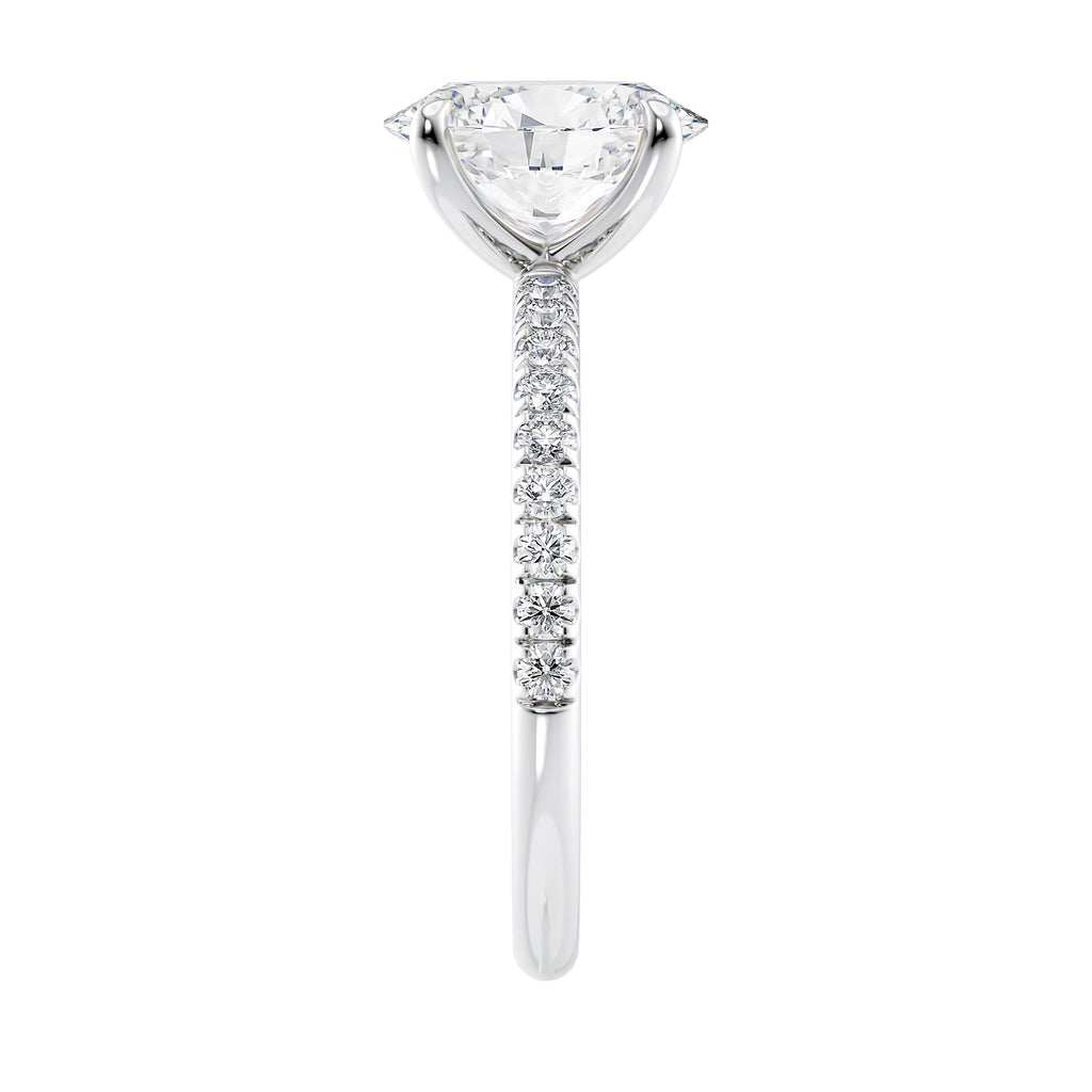 Laboratory grown diamond oval solitaire engagement ring with slim diamond band white gold end view.